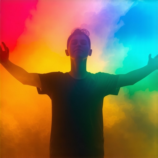 Person performing ritual with vibrant colors surrounding them, symbolizing energy and spirituality