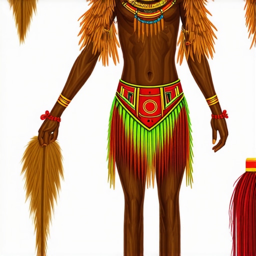 Illustration of traditional Oceanian ceremonial garments with symbolic colors representing natural elements.