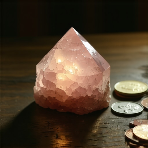 Cristales y monedas de la suerte en un ritual de prosperidad Cristales y monedas antiguas en una mesa de madera, simbolizando la prosperidad y la buena fortuna