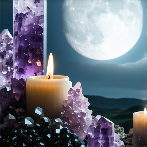 Luminous full moon over a landscape with crystals and candles for rituals