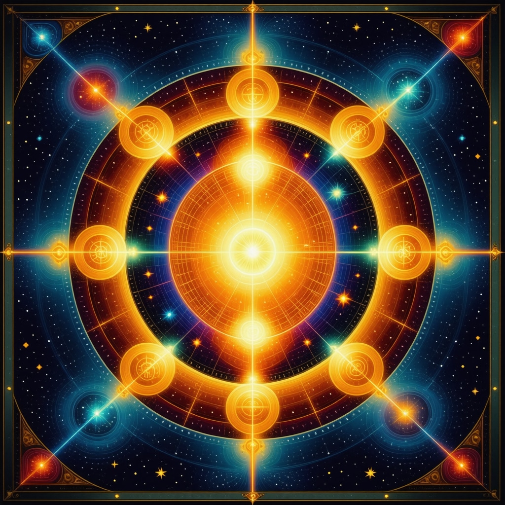 Pattern of sacred geometry with vibrant colors and mystical symbols