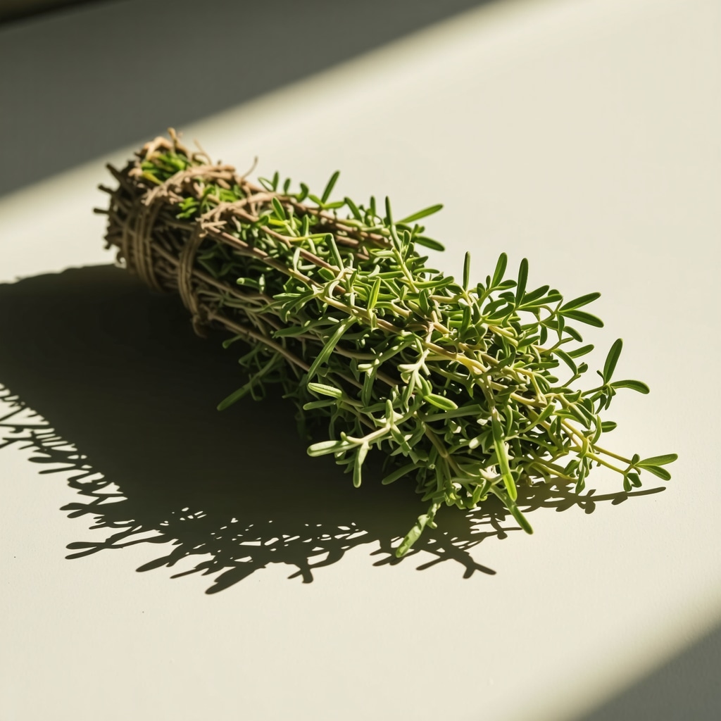 A bundle of fresh ruda herbs illuminated by sunlight, symbolizing protection and natural magic.
