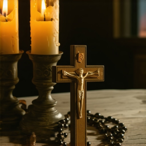 Home altar with candles, cross, and prayer beads representing Christian superstition rituals