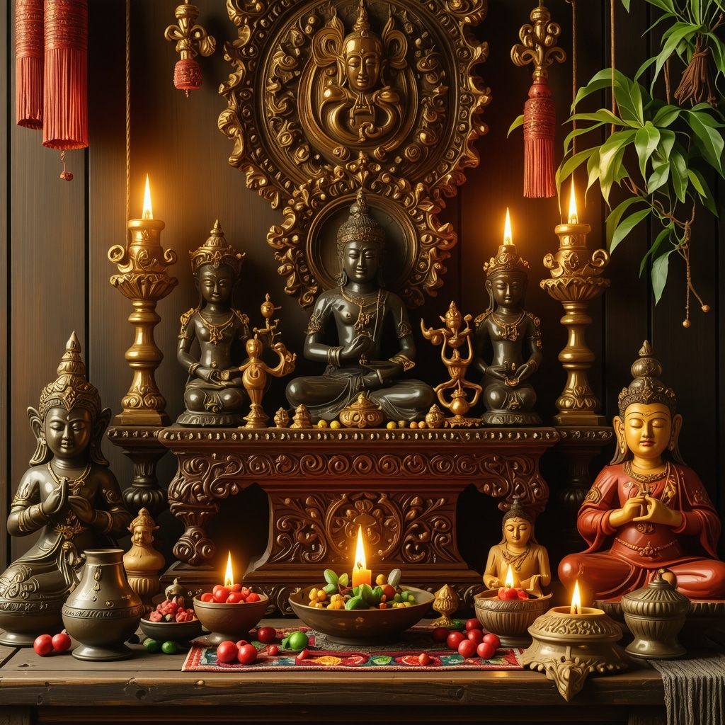 Filipino home altar with lucky charms and religious icons for prosperity