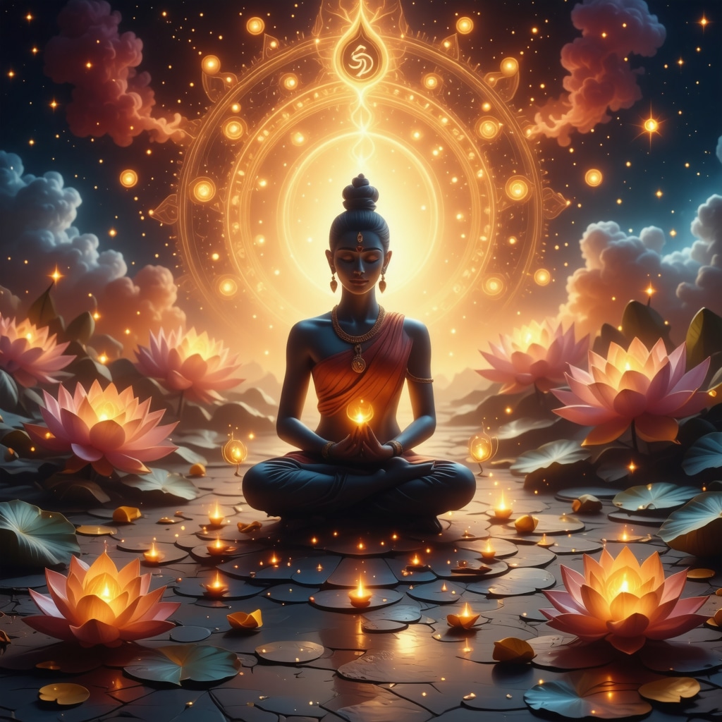 Meditación con símbolos hindúes en un ambiente tranquilo y espiritual