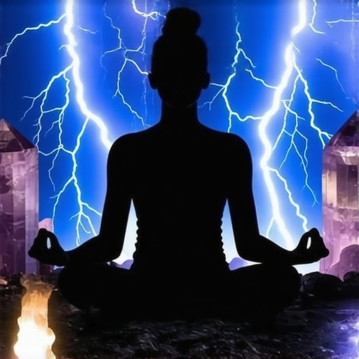 Person meditating during storm with lightning and crystals for protection.