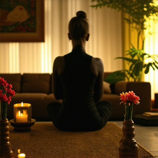 Persona meditando en un ambiente tranquilo rodeada de símbolos religiosos