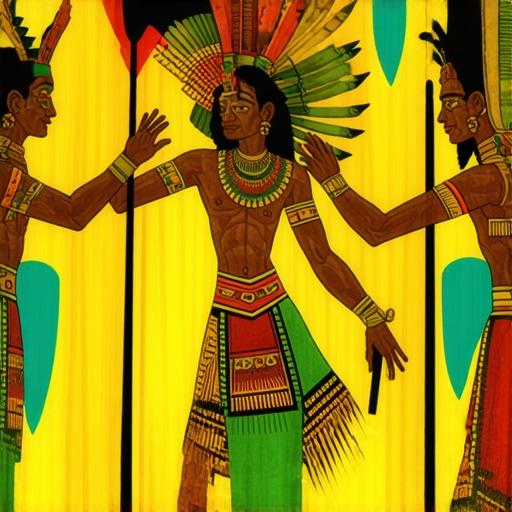 Representación artística de mitos latinoamericanos con símbolos ancestrales