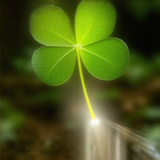 A glowing four-leaf clover radiating spiritual energy in a mystical forest.