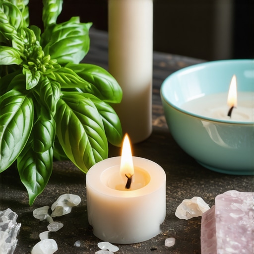 Arrangement of basil, crystals, and ritual objects in a mystical setting