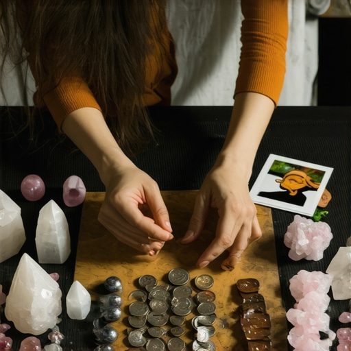 Person arranging symbols of luck and prosperity on a small altar for rituals.