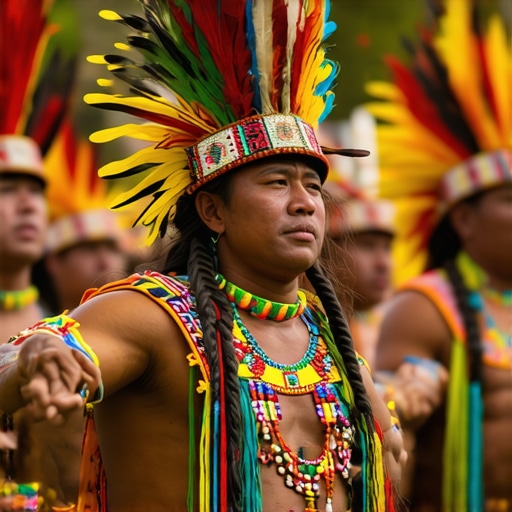 Practicante realizando un ritual azteca en un entorno natural con colores vivos y ambiente espiritual