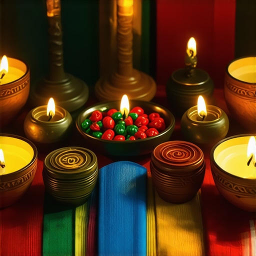 Escena de ritual asiático con amuletos, velas y colores vibrantes