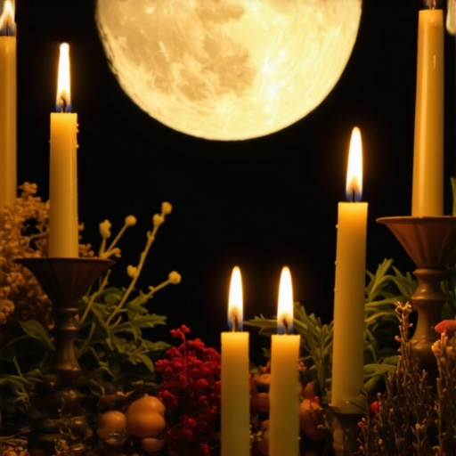 Escena nocturna con luna llena brillante y ritual espiritual