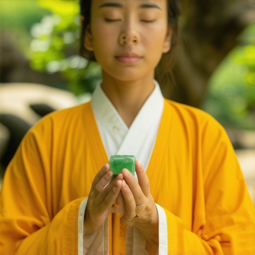 Practitioner performing a ritual with a jade stone in nature