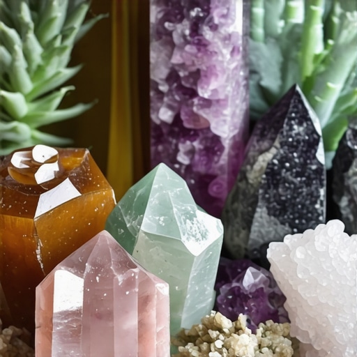 Arrangement of mystical plants and crystals for spiritual rituals