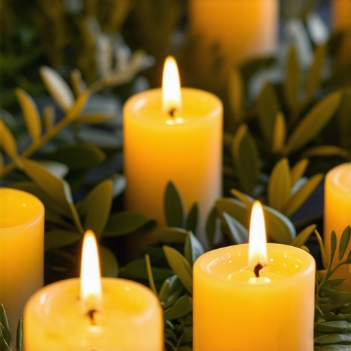 A mystical scene with candles, laurel, and objects symbolizing prosperity, glowing with positive energy.