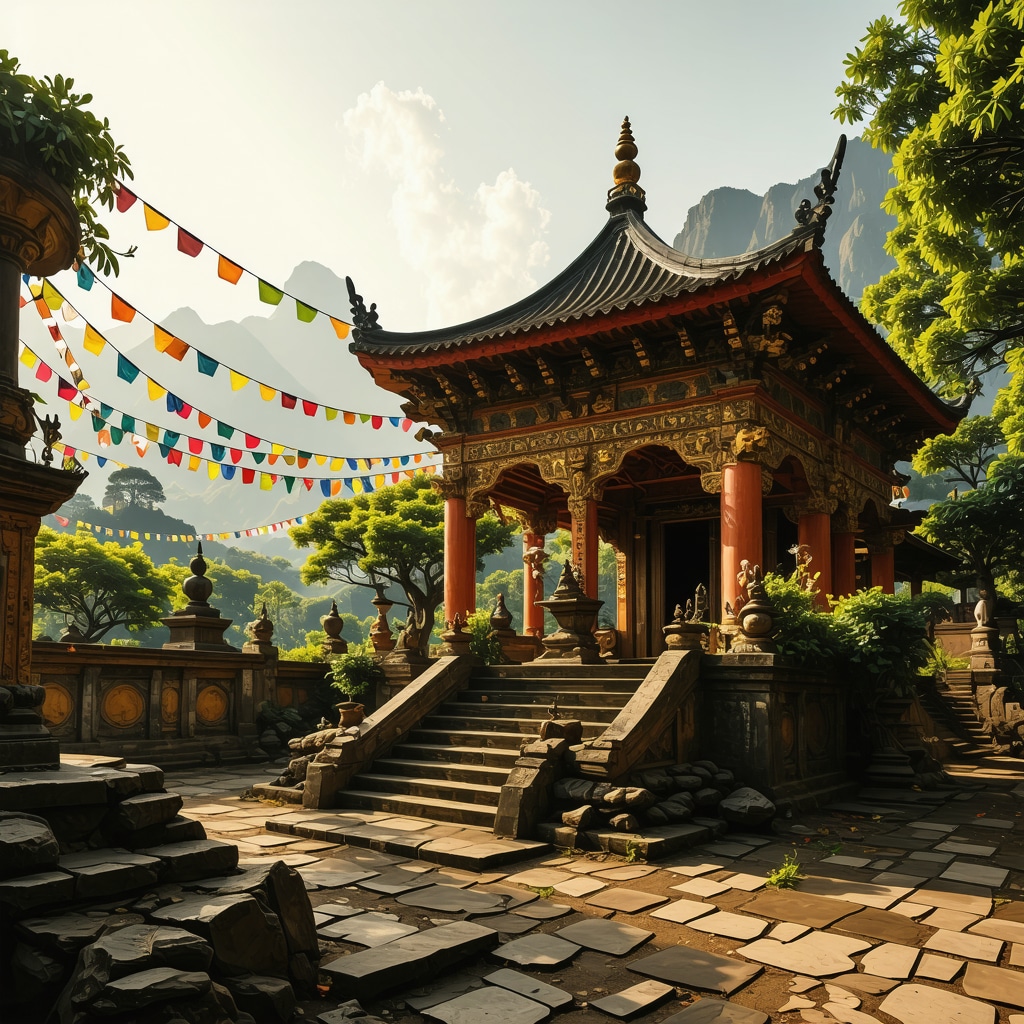Buddhist temple with prayer flags and spiritual symbols in a peaceful setting