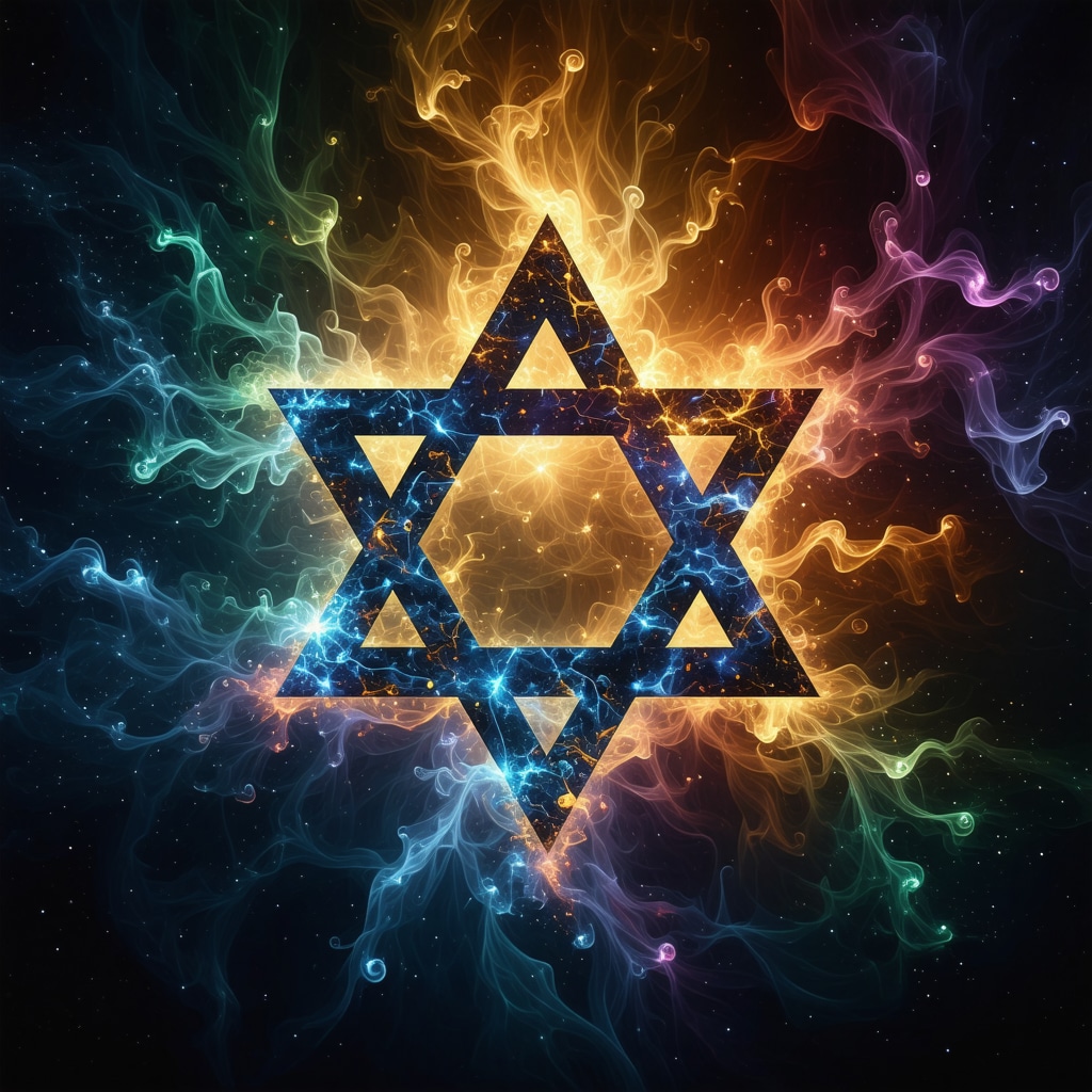 Representación artística de símbolos judíos tradicionales como la mezuzá y la estrella de David en un ambiente espiritual