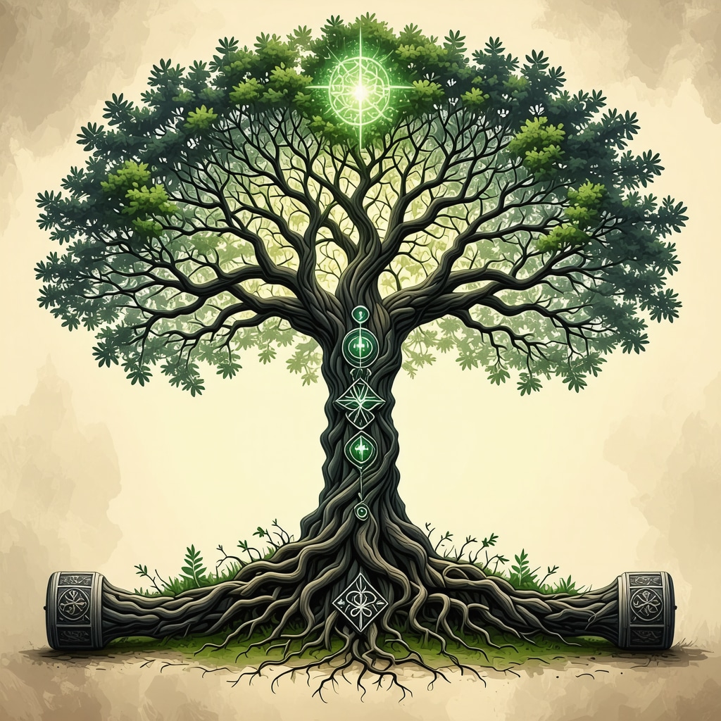 Representación artística de símbolos nórdicos como Yggdrasil y Mjölnir en un estilo místico y detallado