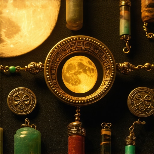Amuletos egipcios y ritual lunar en un escenario místico