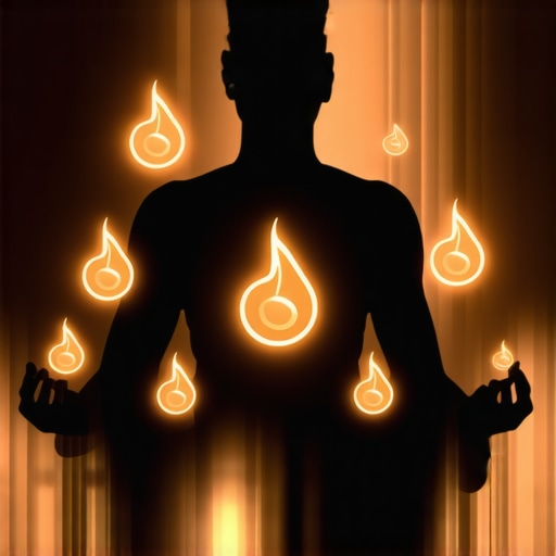 Meditating person surrounded by glowing symbols representing spiritual energy and manifestation.