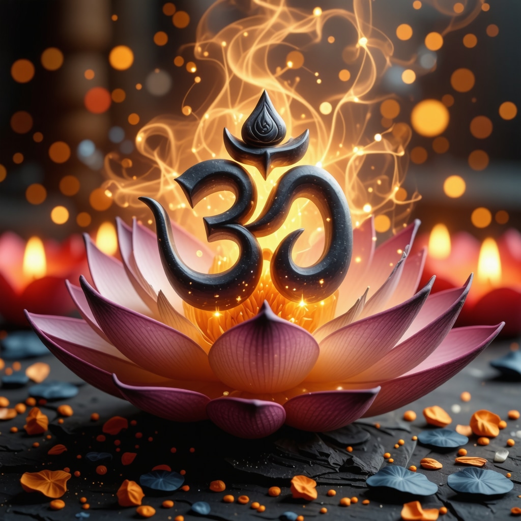 Símbolos hindúes como Om y Flor de Loto en un altar espiritual