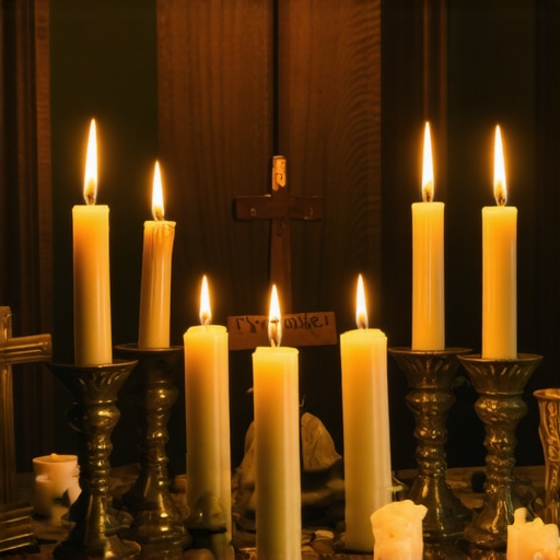 A peaceful spiritual altar featuring candles, crosses, and personal symbols for reflection and growth.