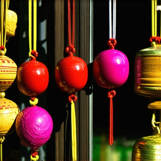 Imagen de amuletos japoneses, campanas y figuritas de la suerte en un entorno tranquilo