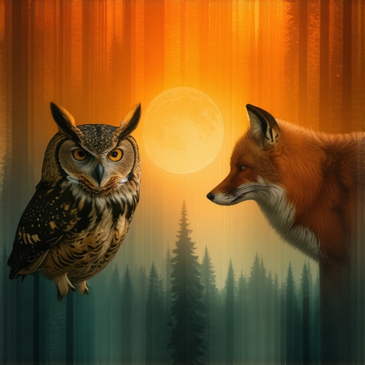 Mystical depiction of a fox and an owl in a natural setting, representing wisdom and intuition.