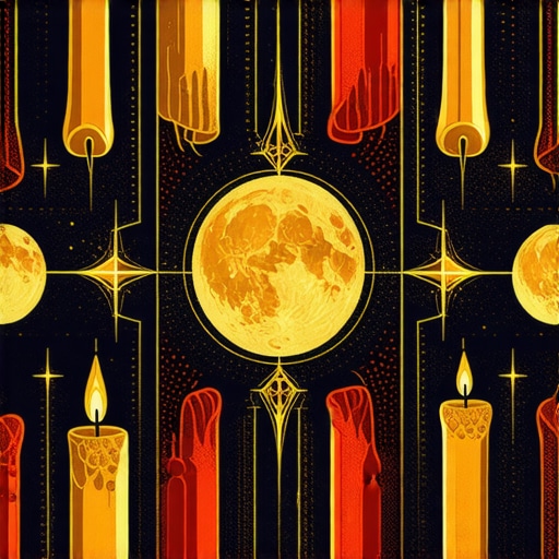 An intricate Russian amulet surrounded by candles and moon phases, representing prosperity rituals