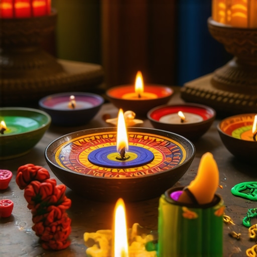 Colorful amulets and symbols arranged on a spiritual altar, glowing with energy
