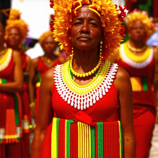 Colorful scene of Cuban cultural symbols and rituals, depicting traditional dress and spiritual elements