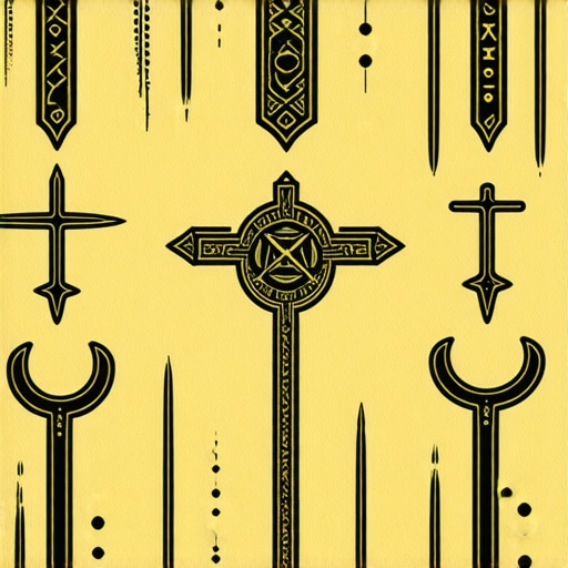 Decorative symbols and artifacts representing European folklore and traditions