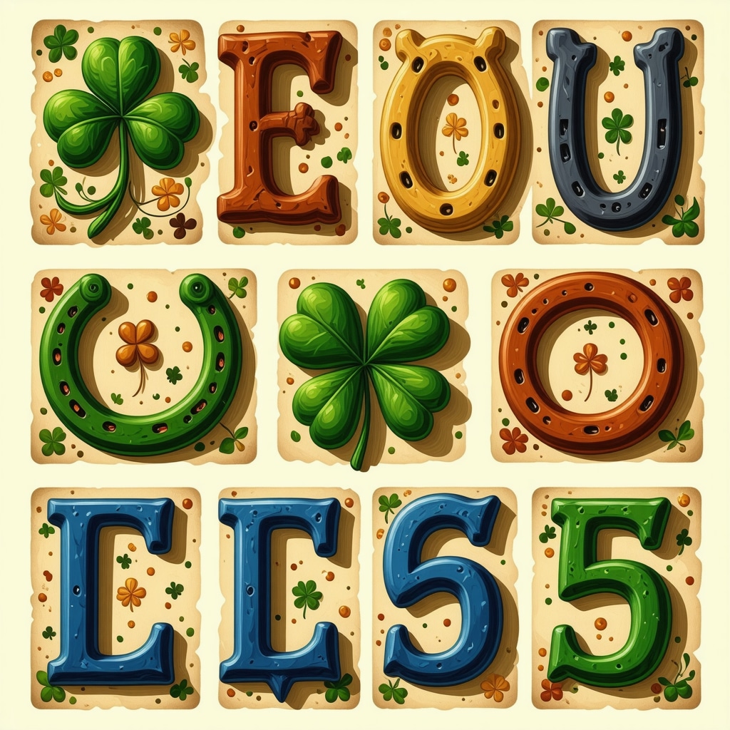 Collection of lucky symbols like horseshoes, four-leaf clovers, and numerals in a mystical style