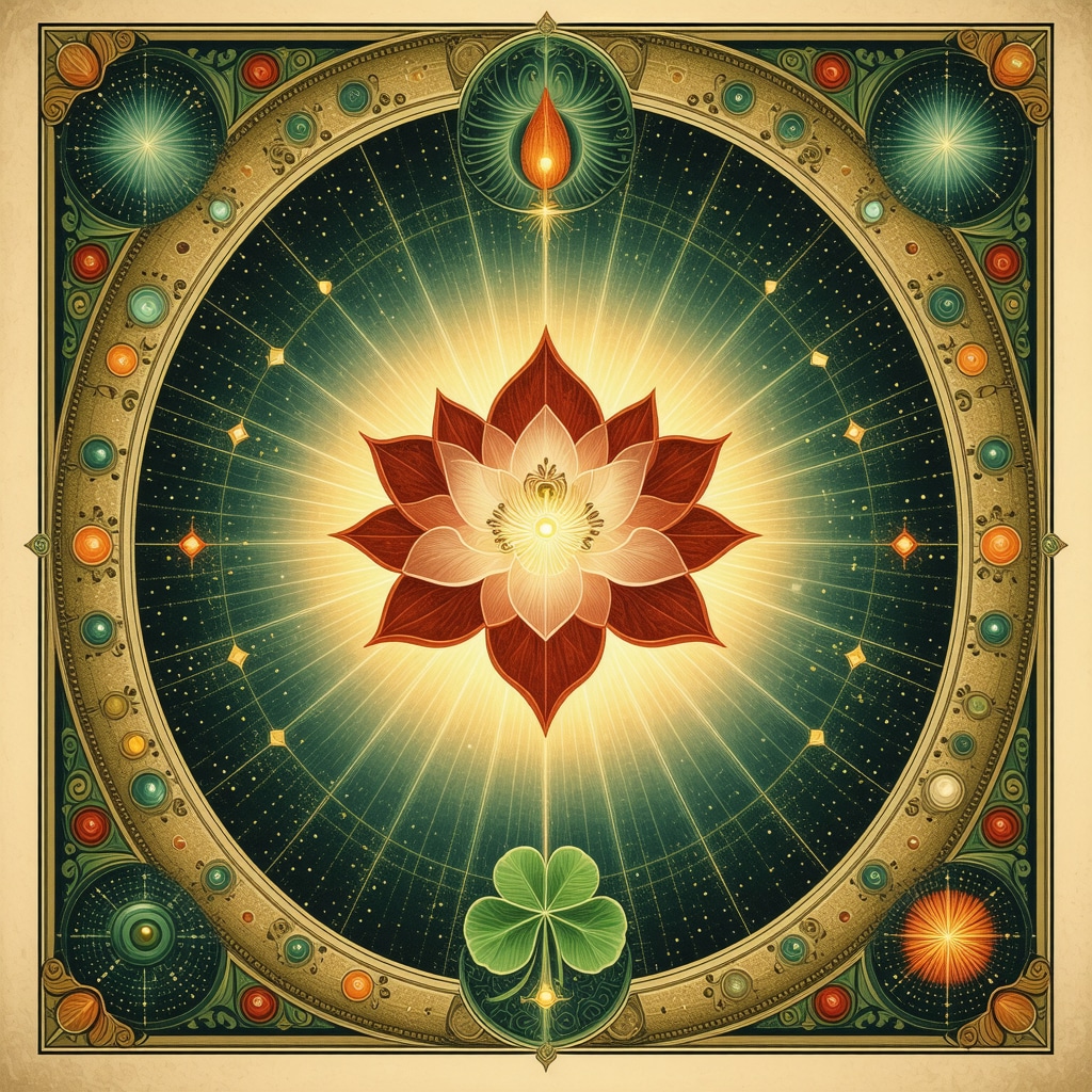 A vibrant artistic depiction of various cultural symbols representing prosperity and spiritual energy.