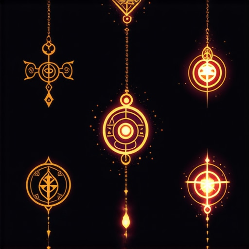 A visual collage of ancient symbols and amulets glowing softly, representing spiritual power and prosperity.
