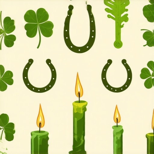 Illustration of superstition symbols such as four-leaf clovers, horseshoes, candles, and amulets.