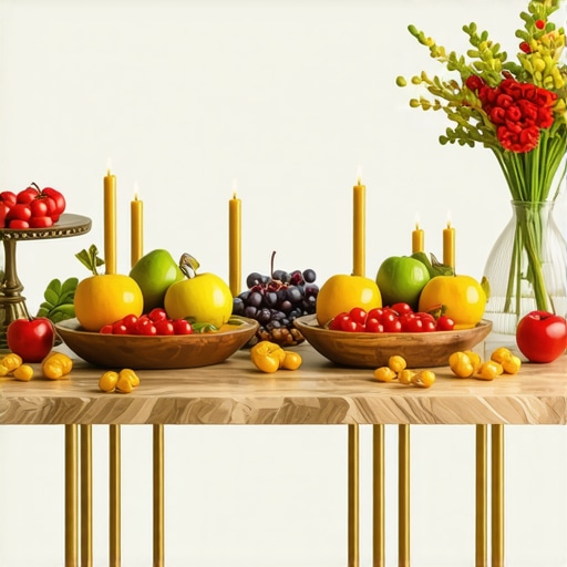 Decorative table with fruits and symbols for prosperity