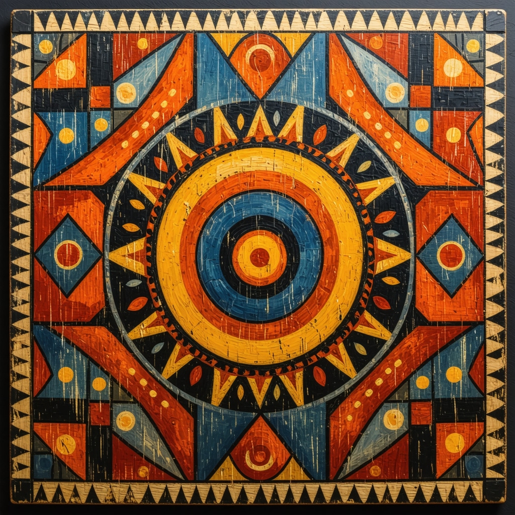 Arte tradicional paraguayo con patrones coloridos y símbolos culturales