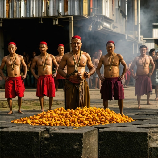 Scene depicting community rituals and symbols used for earthquake protection, vibrant and detailed.