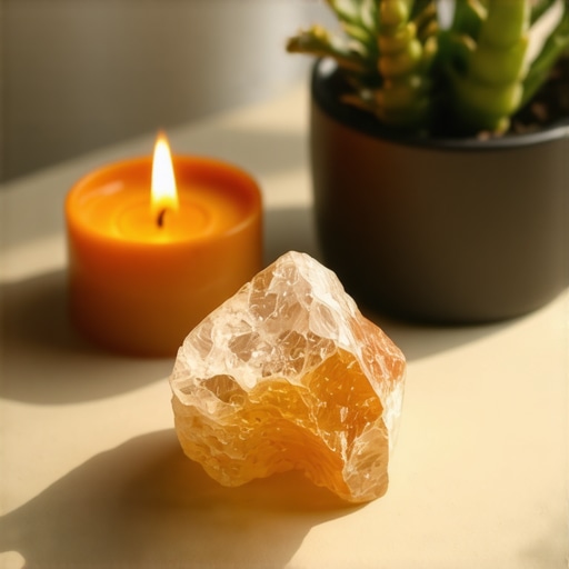 A cozy desk decorated with symbols of prosperity including citrine, orange candle, and a plant.