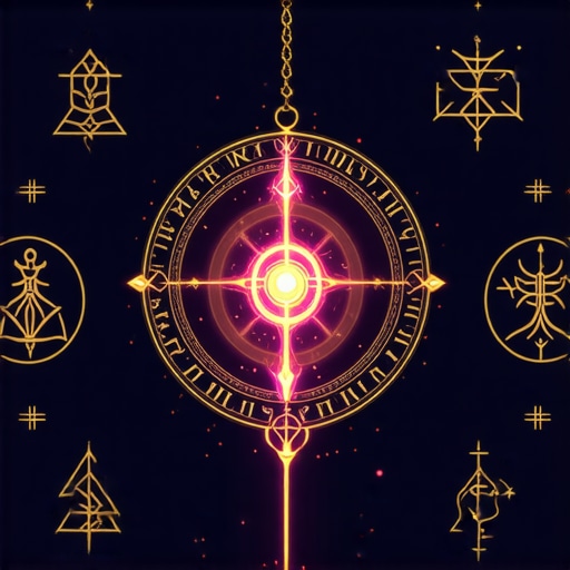 Amuleto antiguo con símbolos de prosperidad y protección, emanando energía luminosa.