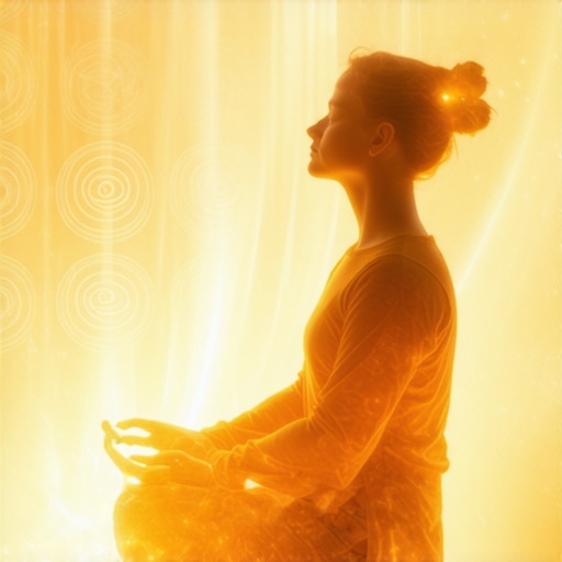 Persona meditando rodeada de símbolos luminosos que representan energía espiritual y cambio