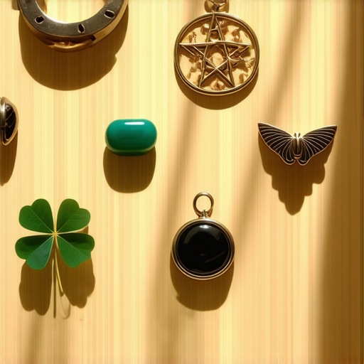 Collection of European talismans including horseshoe, four-leaf clover, and pentacle on a wooden table