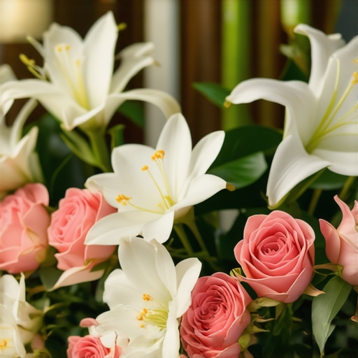 Beautiful floral arrangement with jasmine, roses, and lilies on a spiritual altar for prosperity