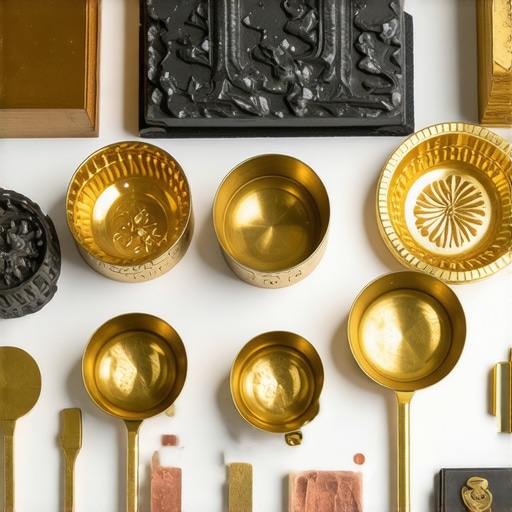 Gold, silver, and copper objects used in prosperity rituals on an altar