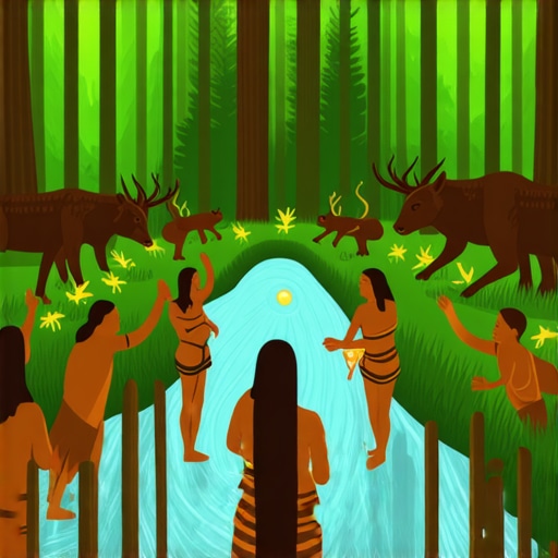 Indigenous people performing nature worship ritual in lush forest setting