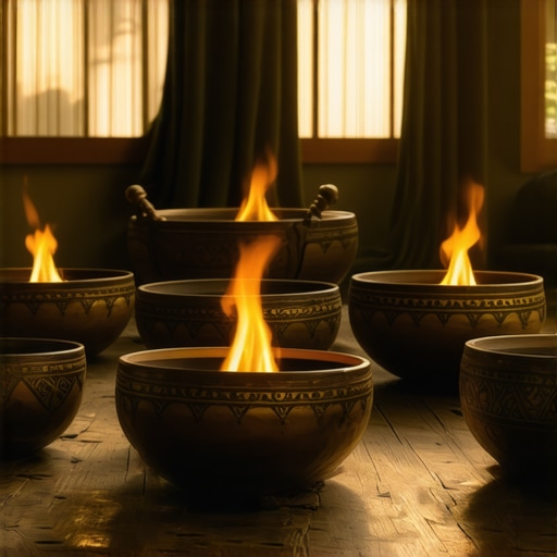 Instrumentos ancestrales como cuencos tibetanos y tambores en un ritual de energía positiva
