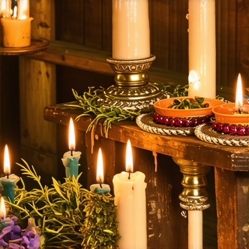 Ecuadorian ritual scene with candles and herbs for attracting prosperity